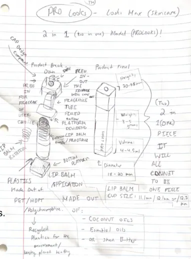 Original handwritten napkin sketch of the LooksMax two-in-one PRO Looks concept.