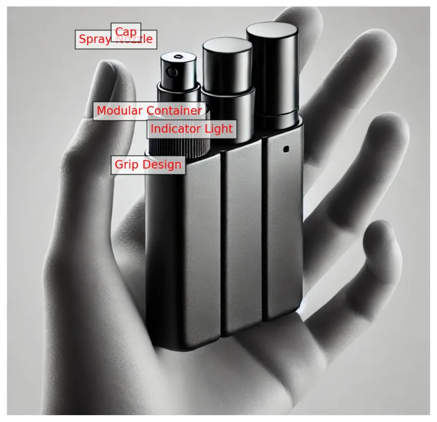 Early grey modular concept render of LooksMax held in hand, labeled with cap, spray nozzle, modular container, indicator light, and grip design.