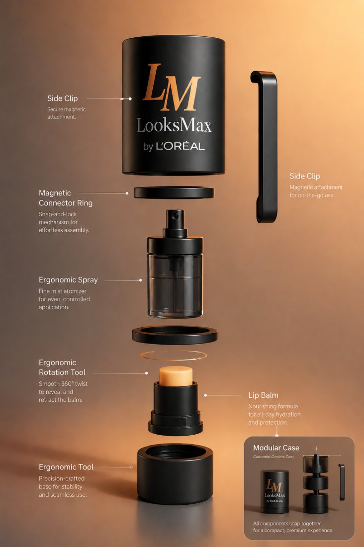 LooksMax by L'Oréal — exploded view of the modular product: side clip, magnetic connector ring, ergonomic spray, ergonomic rotation tool, lip balm, and precision base.