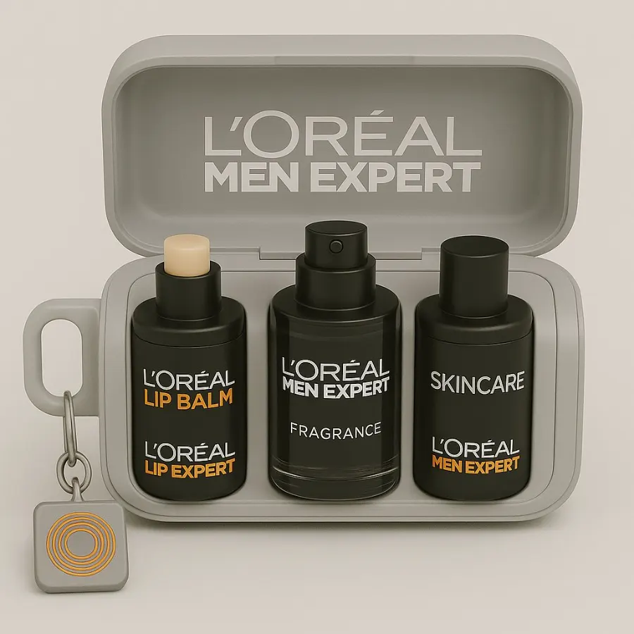 L'Oréal Men Expert Essentials Kit — open clamshell case holding lip balm, fragrance, and skincare bottles, with an orange keychain tag.