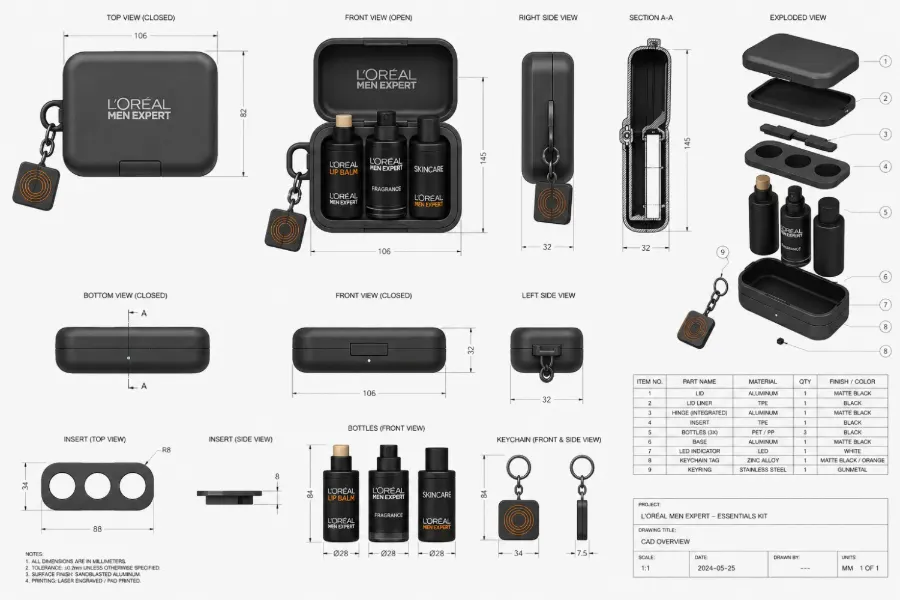 L'Oréal Men Expert Essentials Kit CAD overview — top, front, side, section, and exploded views with a parts list and dimensions.